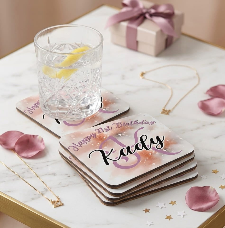 Personalized Birthday Coaster – Custom Name & Rose Gold Sparkle Design