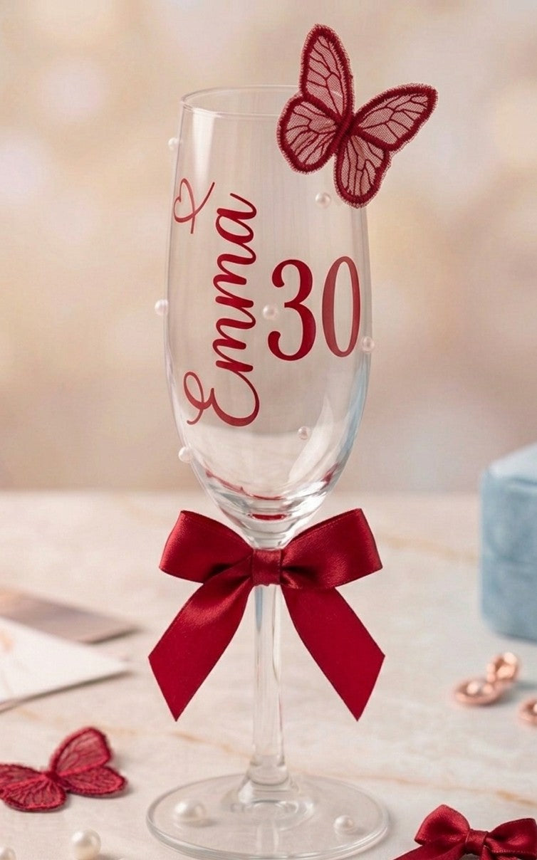 Personalised 3D butterfly champagne flute – handmade keepsake glass for 18th 21st 30th 50th birthday