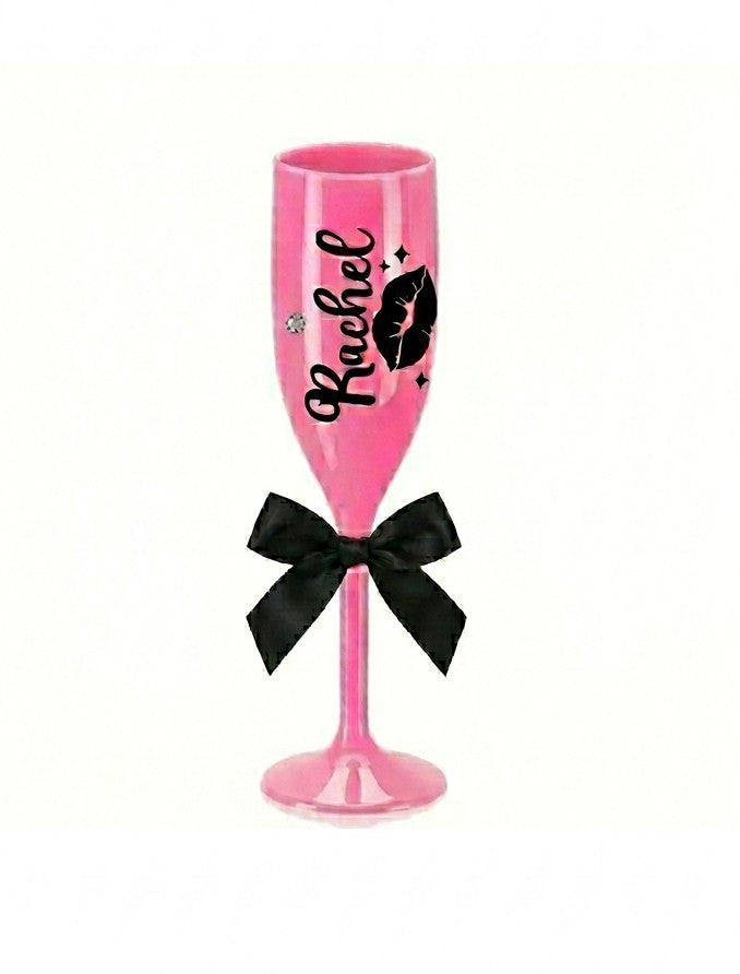 Personalised Champagne Flute — Custom Name Lips & Bow — Bridesmaid Gift