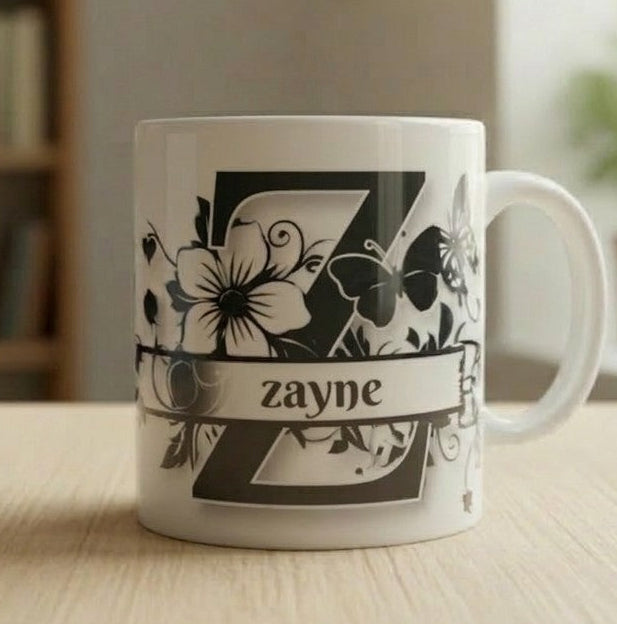 Personalized Initial Mug: Floral Butterfly Design, Custom Name