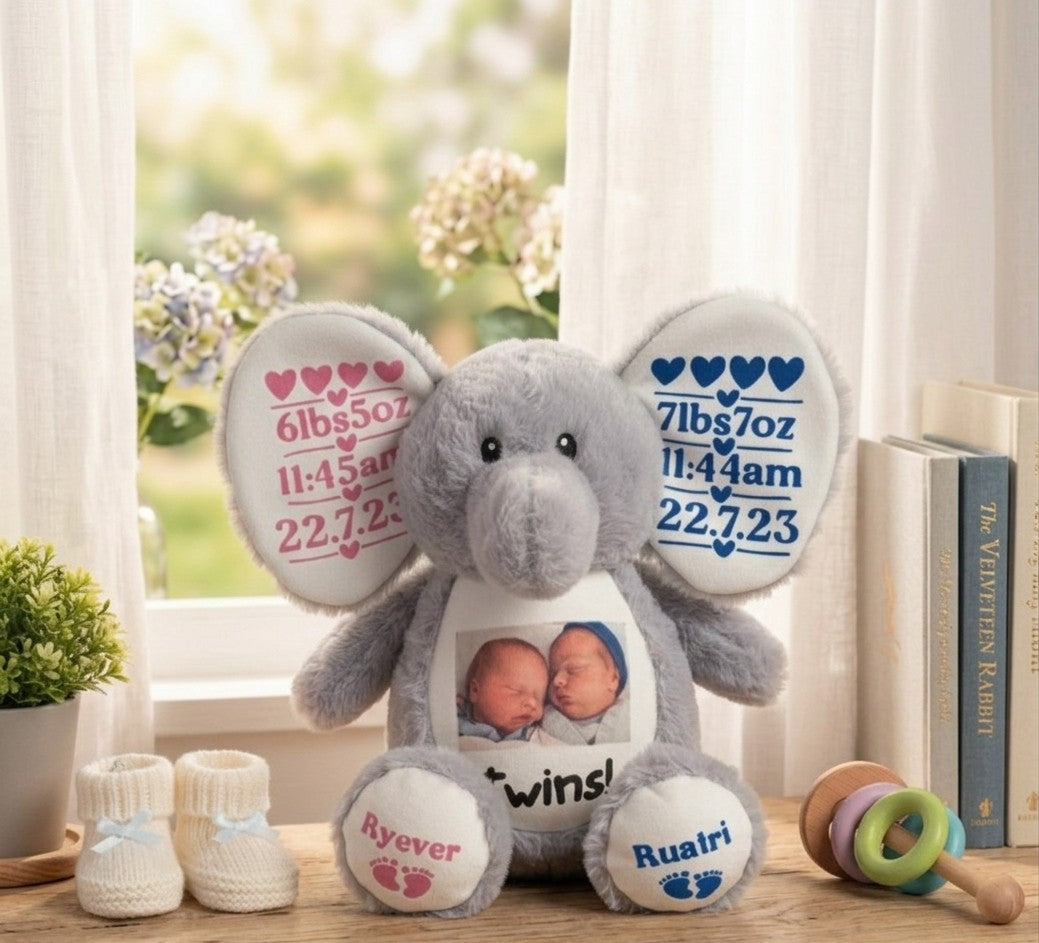 Personalised Twin Birth Announcement Elephant Plush — New Baby Gift