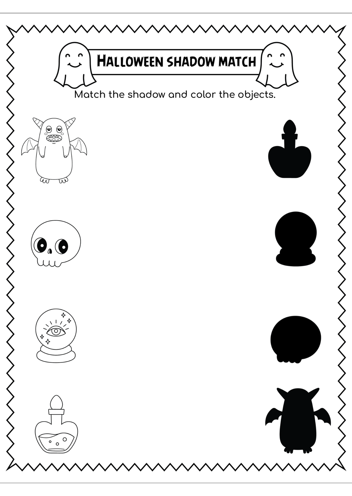 A black and white printable worksheet titled 'HALLOWEEN SHADOW MATCH' with ghost illustrations, simple line drawings of a winged creature, a skull, a crystal ball, and a potion bottle, and black shadow silhouettes on the right for matching.