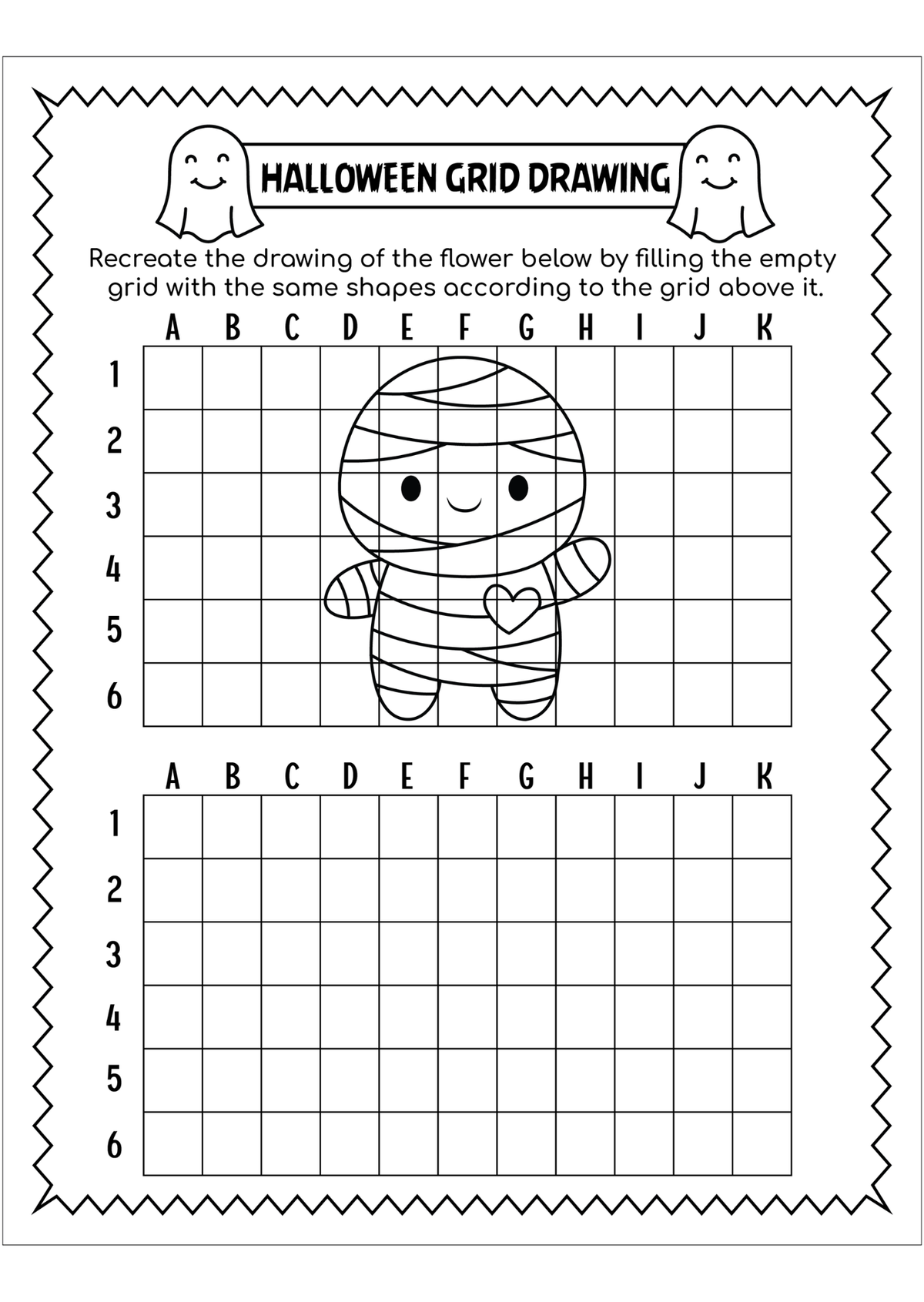 A black and white printable Halloween-themed grid drawing worksheet featuring a mummy character and instructions to recreate the flower shapes on a grid.