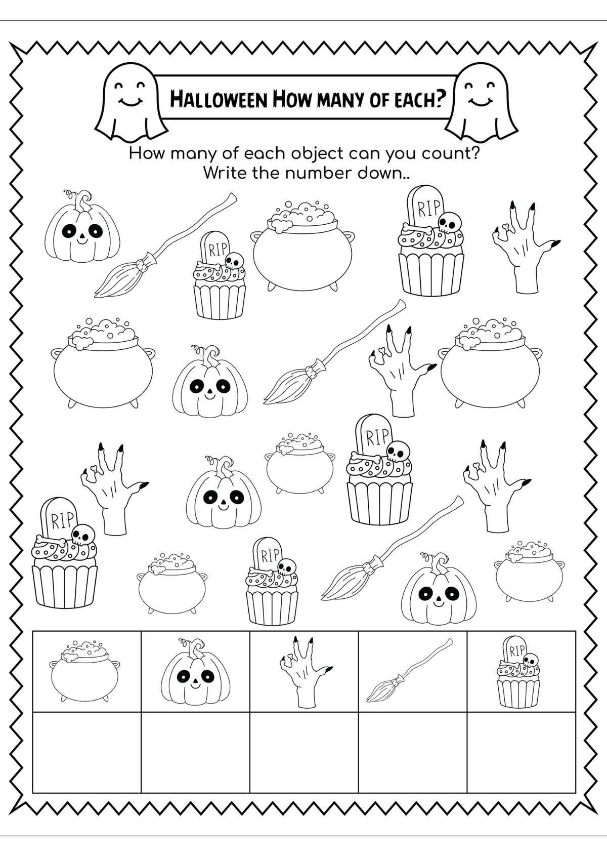 A black and white Halloween-themed counting worksheet with illustrations of pumpkins, cauldrons, cupcakes, broomsticks, tombstones, and zombie hands, plus a counting grid at the bottom.