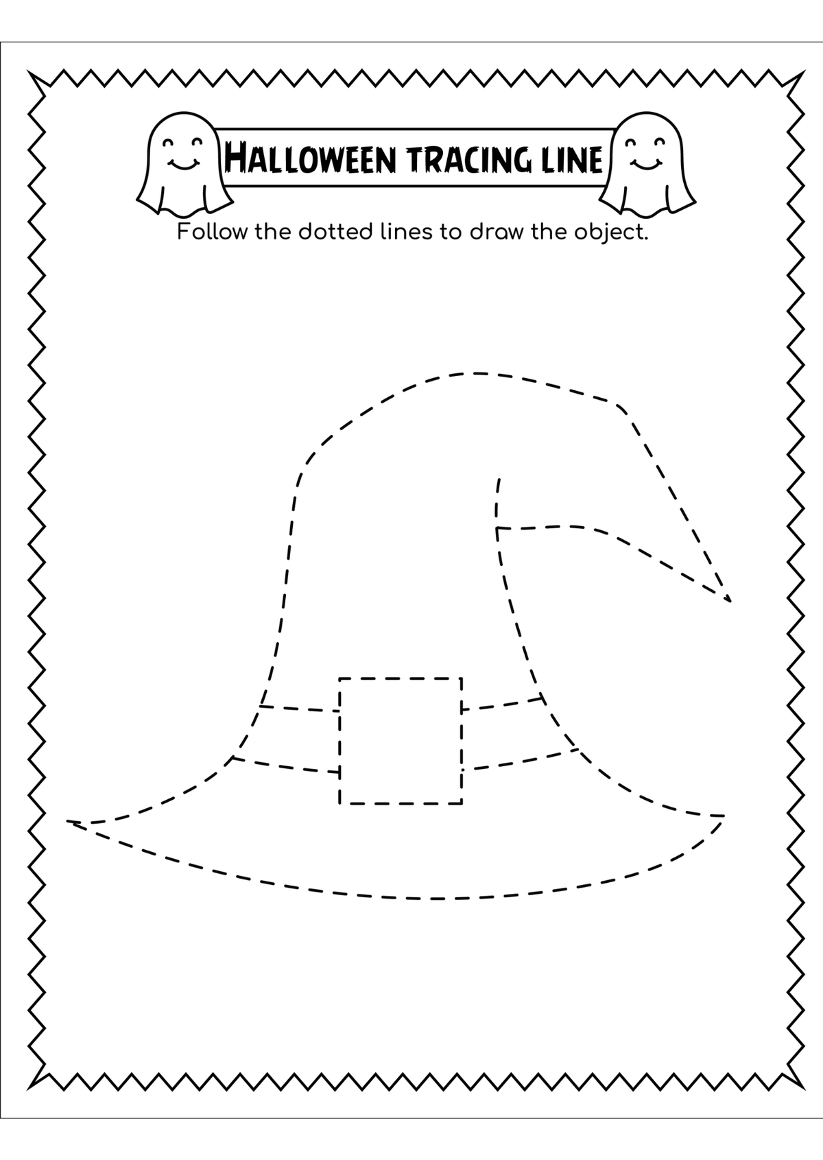 A black and white printable tracing sheet titled 'Halloween Tracing Line' with ghost illustrations at the top and a dashed outline of a witch hat in the center for children to trace.