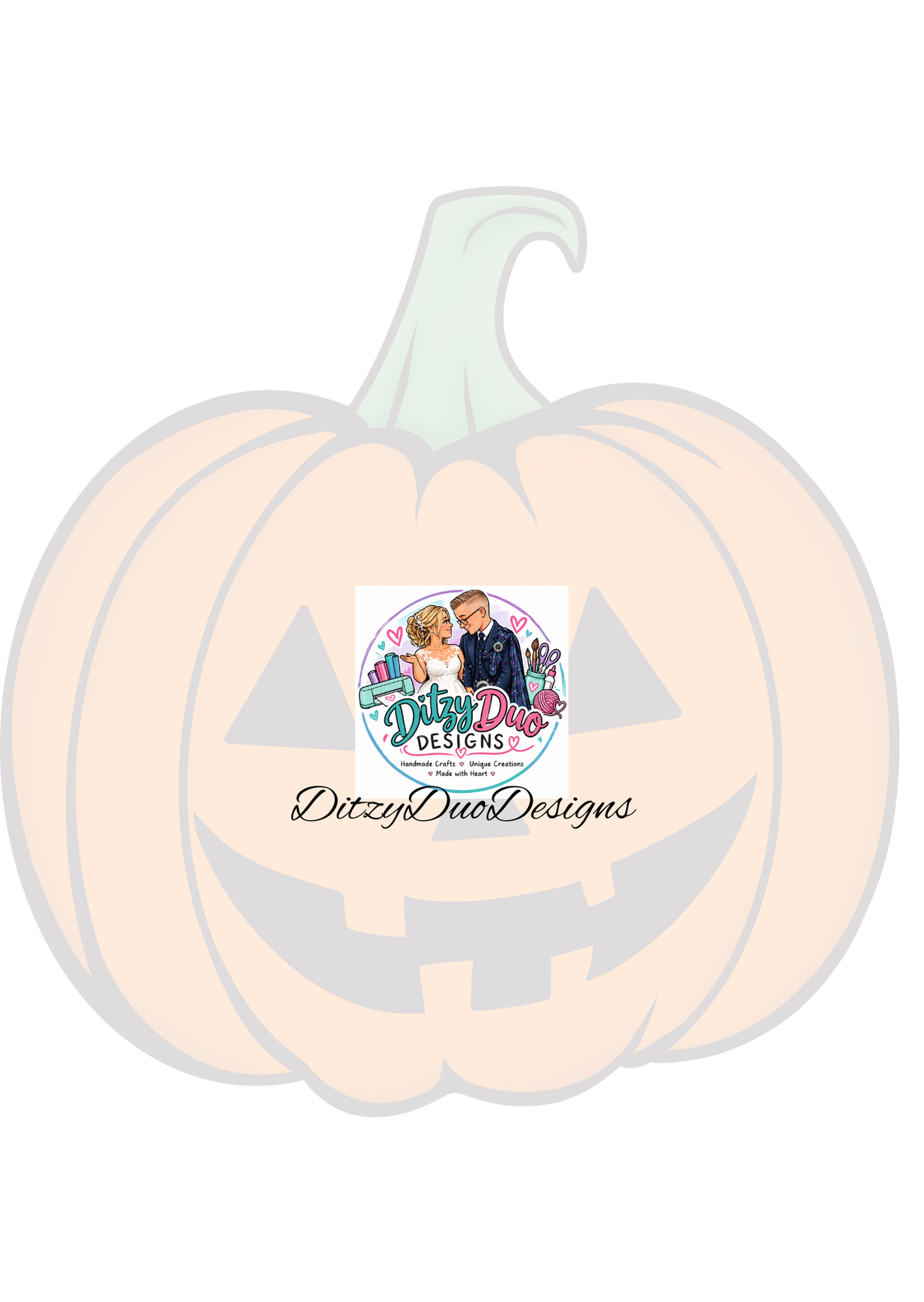A large pale peach jack-o'-lantern pumpkin graphic with a carved face, centered on a white background. A small circular logo reading 'DitzyDuoDesigns' appears on the pumpkin, with the brand name also written below in script.