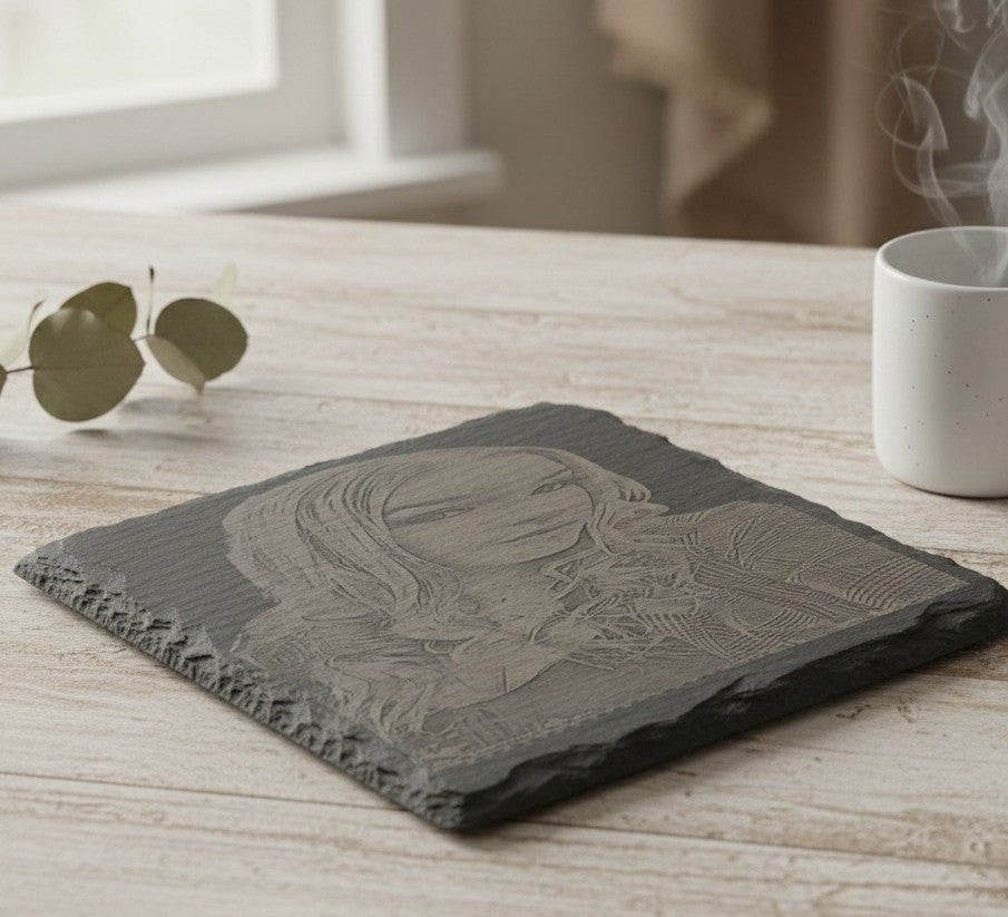 Personalised Photo Slate Coaster, Custom Engraved Portrait