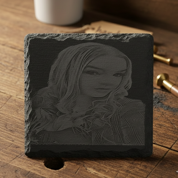Personalised Photo Slate Coaster, Custom Engraved Portrait