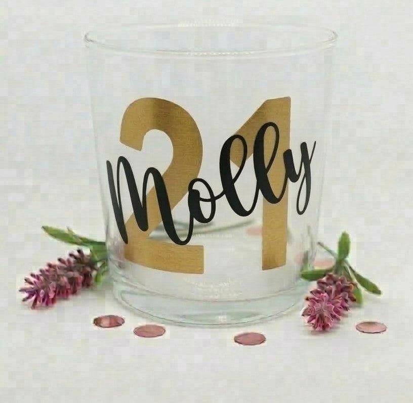 Personalised Name and Age Tumbler, 340ml Vinyled Glass with Giftbox and Ribbon