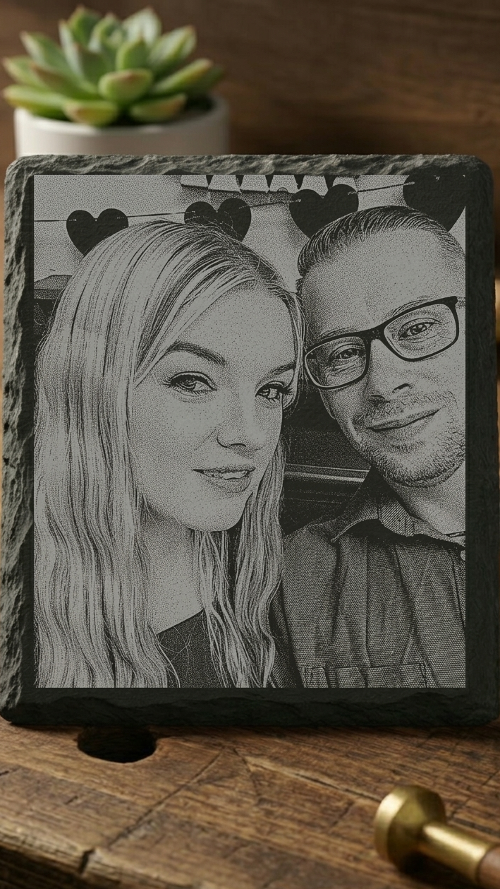 Personalised Photo Slate Coaster, Custom Engraved Portrait