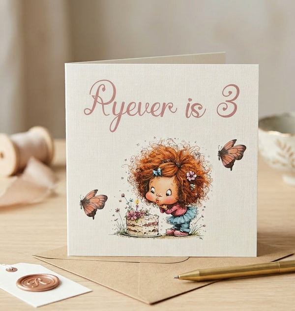 Personalized Whimsical Girl Birthday Card - Butterflies Illustration