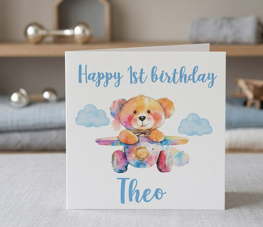 Watercolor Teddy Bear 1st Birthday Card for Boy - Airplane Design