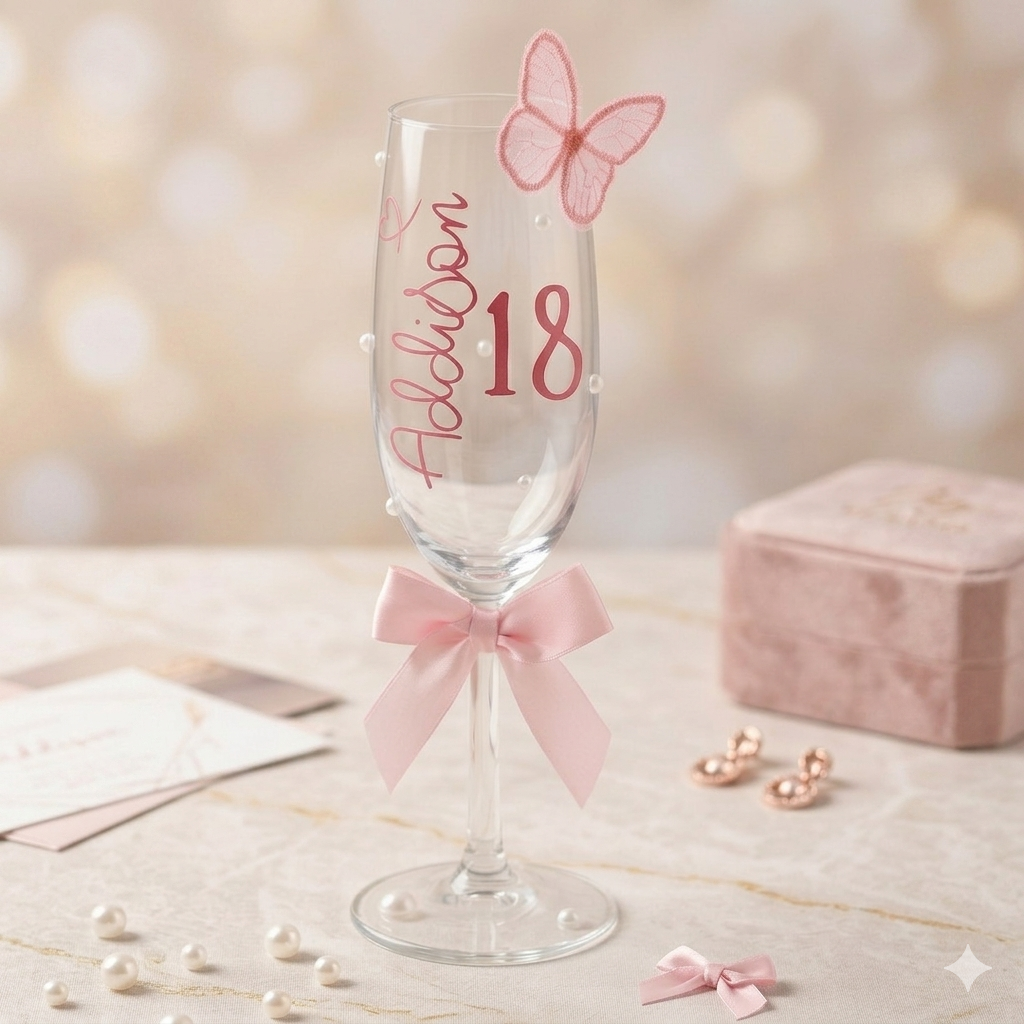Personalised 3D butterfly champagne flute – custom name and age milestone glass, Blush Pink