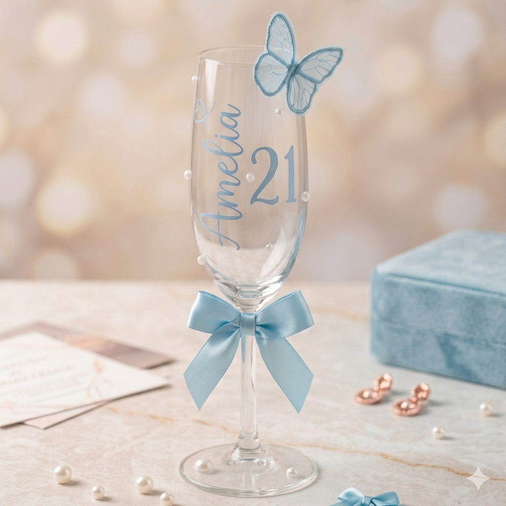 Personalised 3D butterfly champagne flute – custom name and age milestone glass, Sky Blue