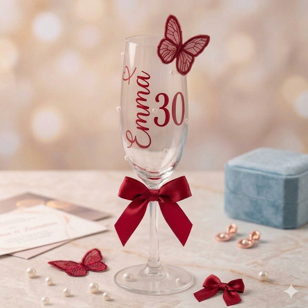 Personalised 3D butterfly champagne flute – custom name and age milestone glass, Royal Red