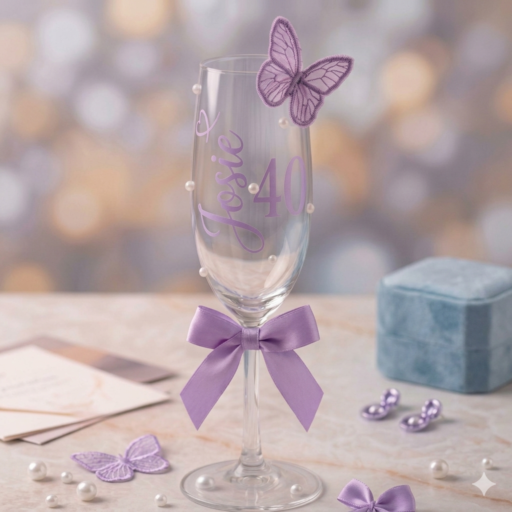 Personalised 3D butterfly champagne flute – custom name and age milestone glass, Lavender Purple