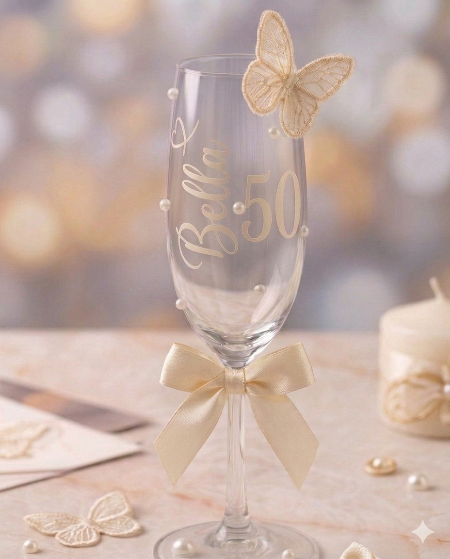 Personalised 3D butterfly champagne flute – custom name and age milestone glass, Champagne Gold
