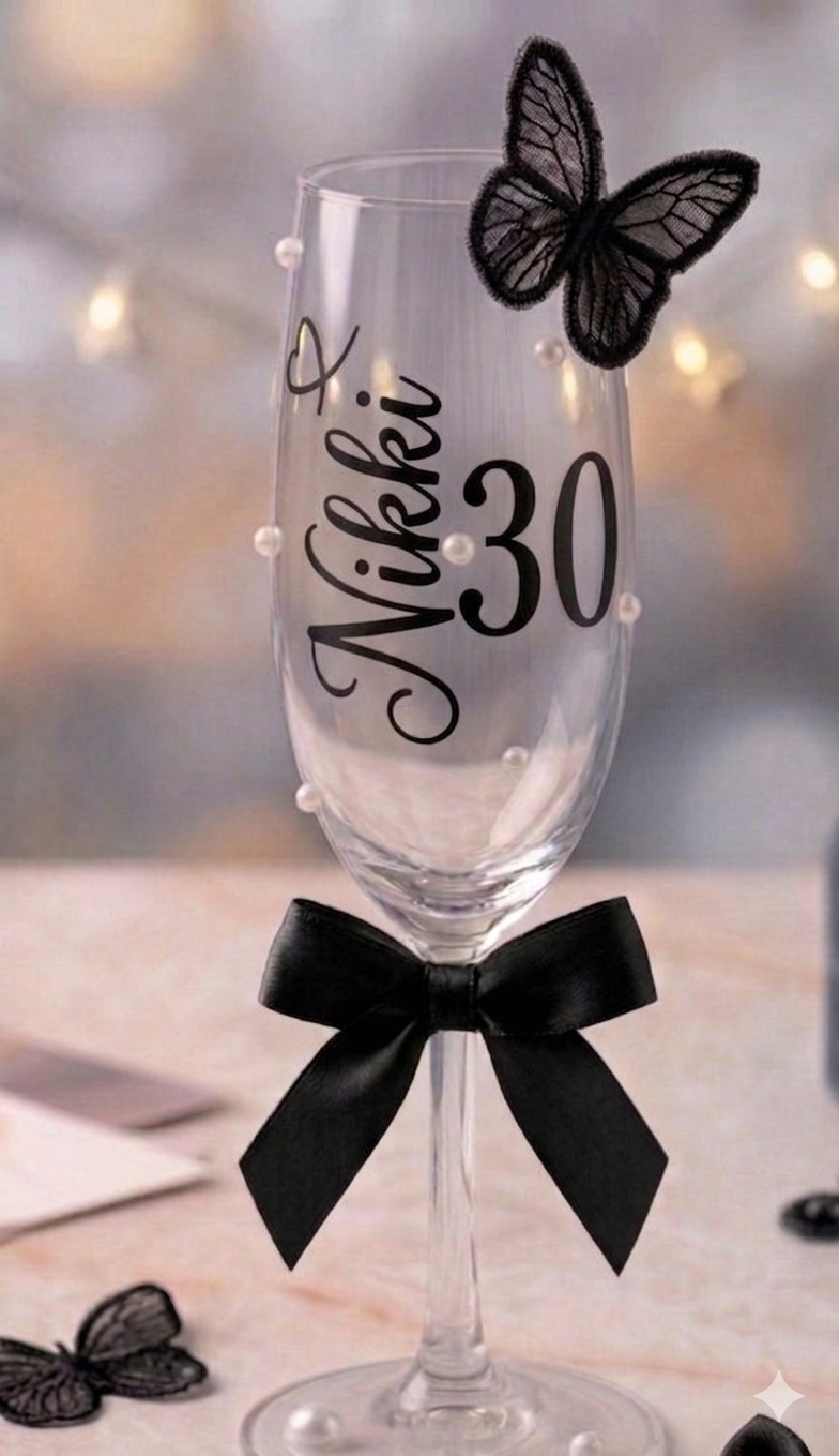 Personalised 3D butterfly champagne flute – custom name and age milestone glass, Midnight Black