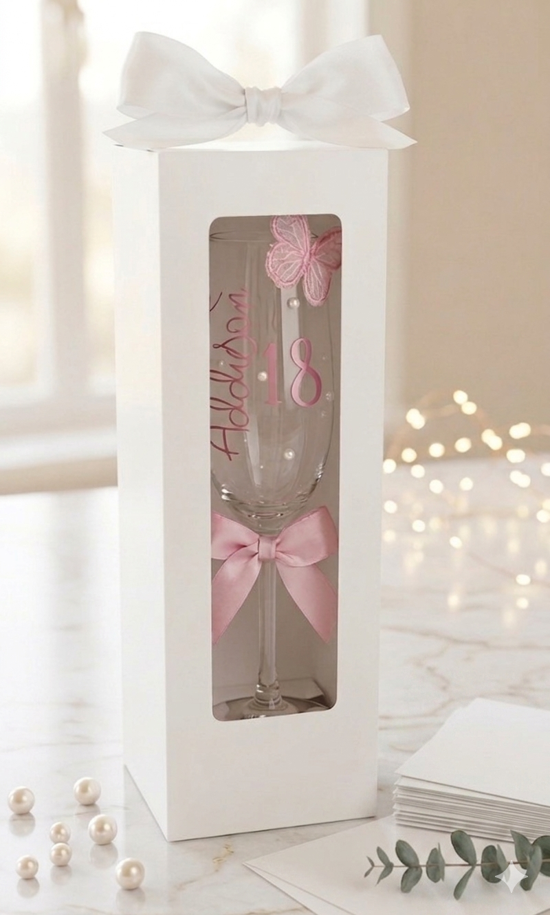 Personalised 3D butterfly champagne flute – close-up of 3D lace butterfly and pearl detail