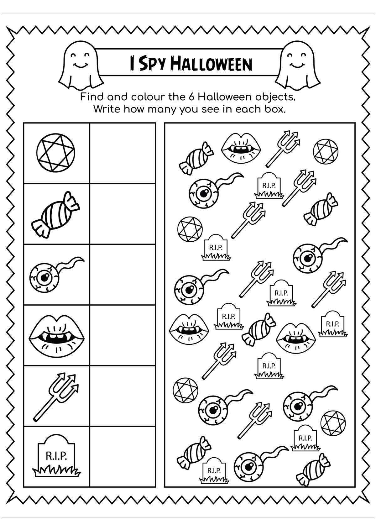 A black and white printable Halloween activity sheet titled 'I Spy Halloween' with ghost illustrations, a list of six Halloween objects on the left, and a larger area on the right to find and color those objects. The sheet includes tombstones, candy, eyes, pitchforks, and other spooky icons.