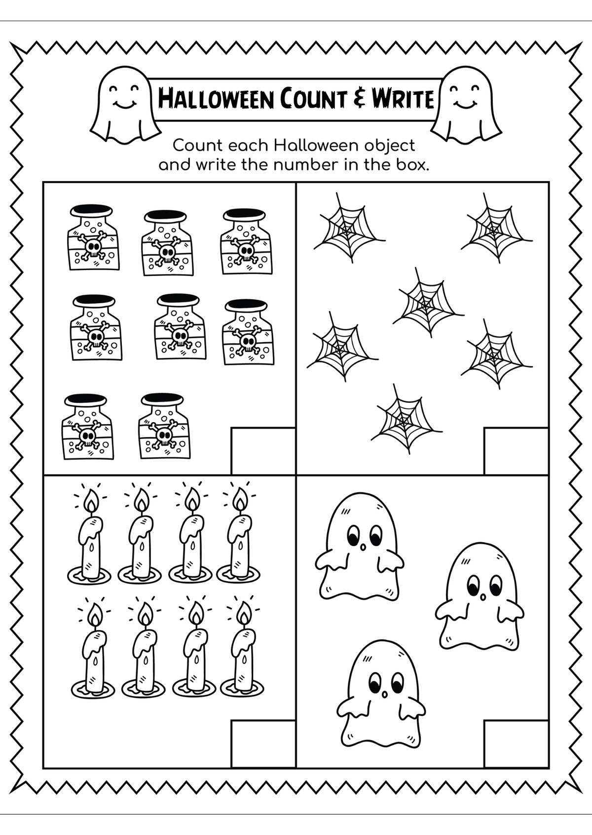 Black and white printable Halloween counting worksheet with illustrations of jars, spiderwebs, candles, ghosts, and spiderwebs, plus a box for writing numbers.