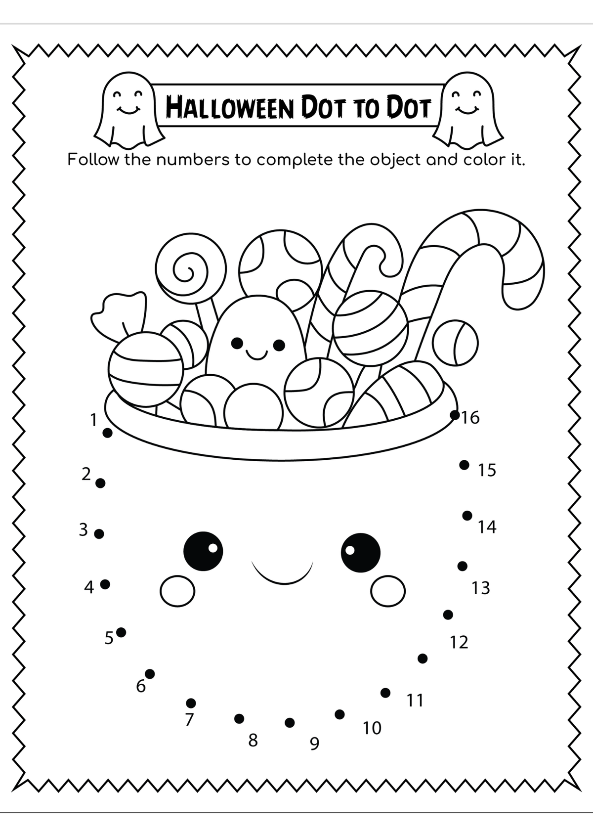 A black and white printable coloring page titled 'Halloween Dot to Dot' with instructions at the top, ghost illustrations, and a candy-themed dot-to-connect design.