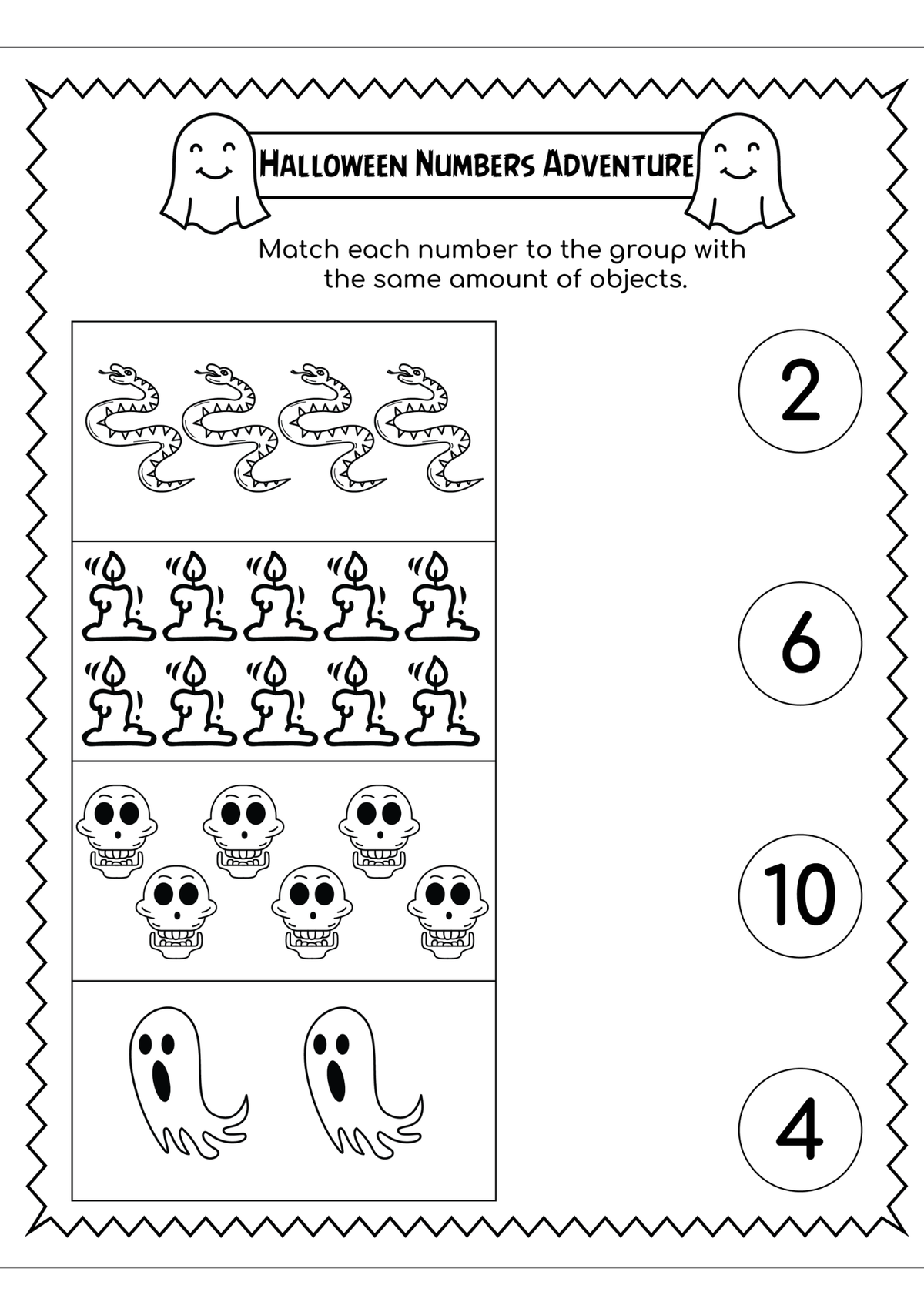 A black and white printable worksheet titled 'Halloween Numbers Adventure' with Halloween-themed illustrations including ghosts, snakes, candles, skulls, and numbered circles on the right.