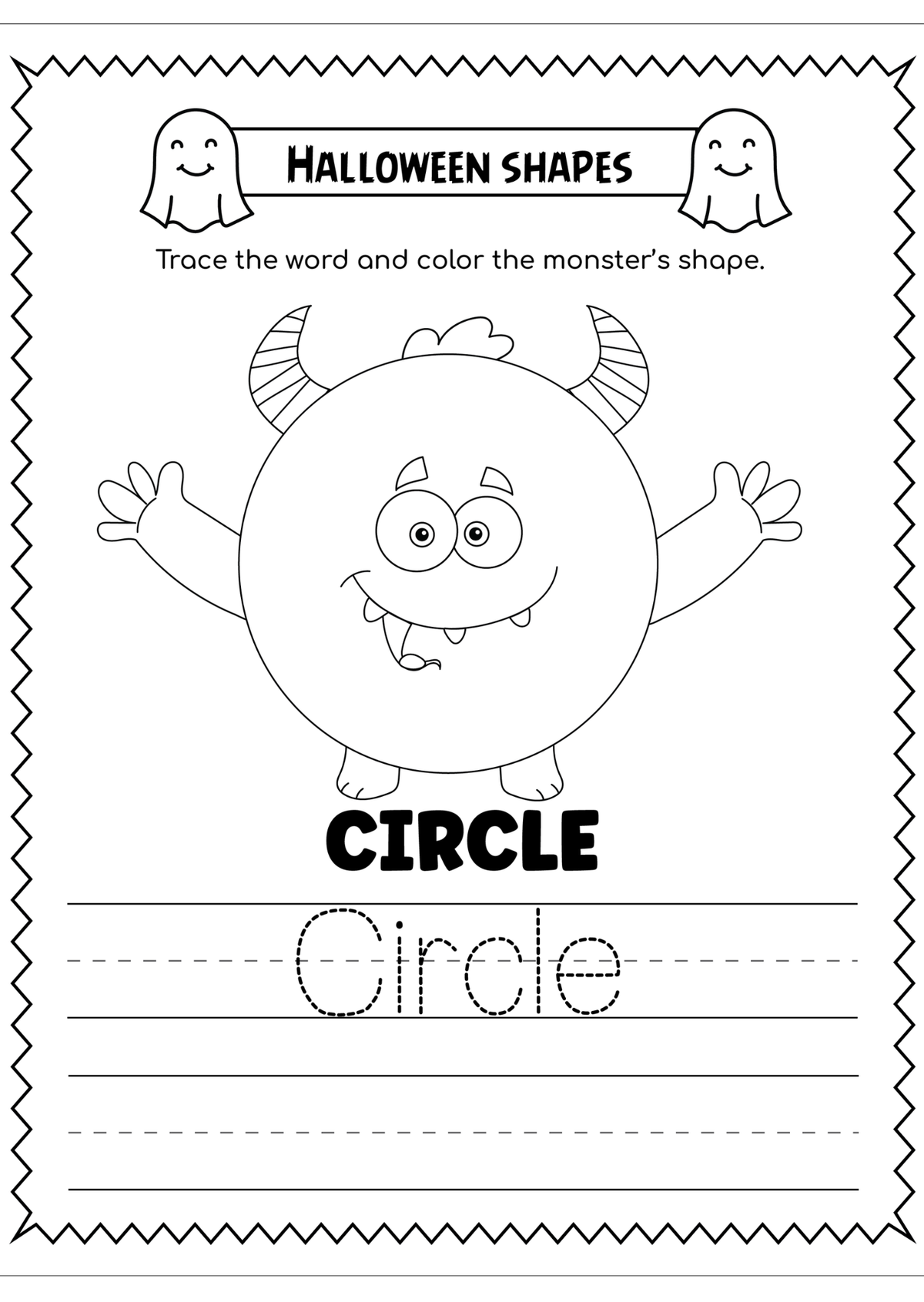 A black and white printable worksheet titled 'Halloween Shapes' featuring a cartoon monster with horns and the word 'Circle' for tracing practice.
