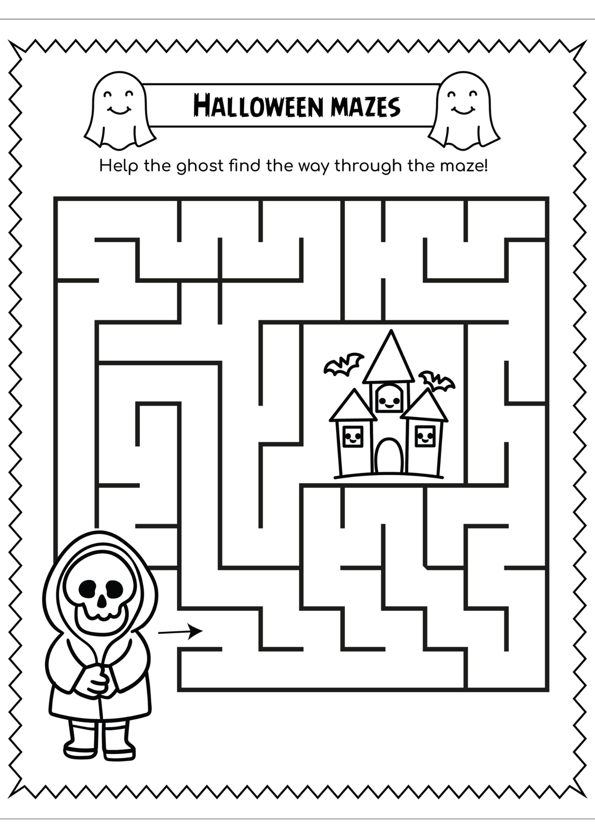 Black and white printable Halloween maze worksheet with a title banner reading 'HALLOWEEN MAZES,' ghost illustrations, a castle at the end, and a skeleton figure at the start.