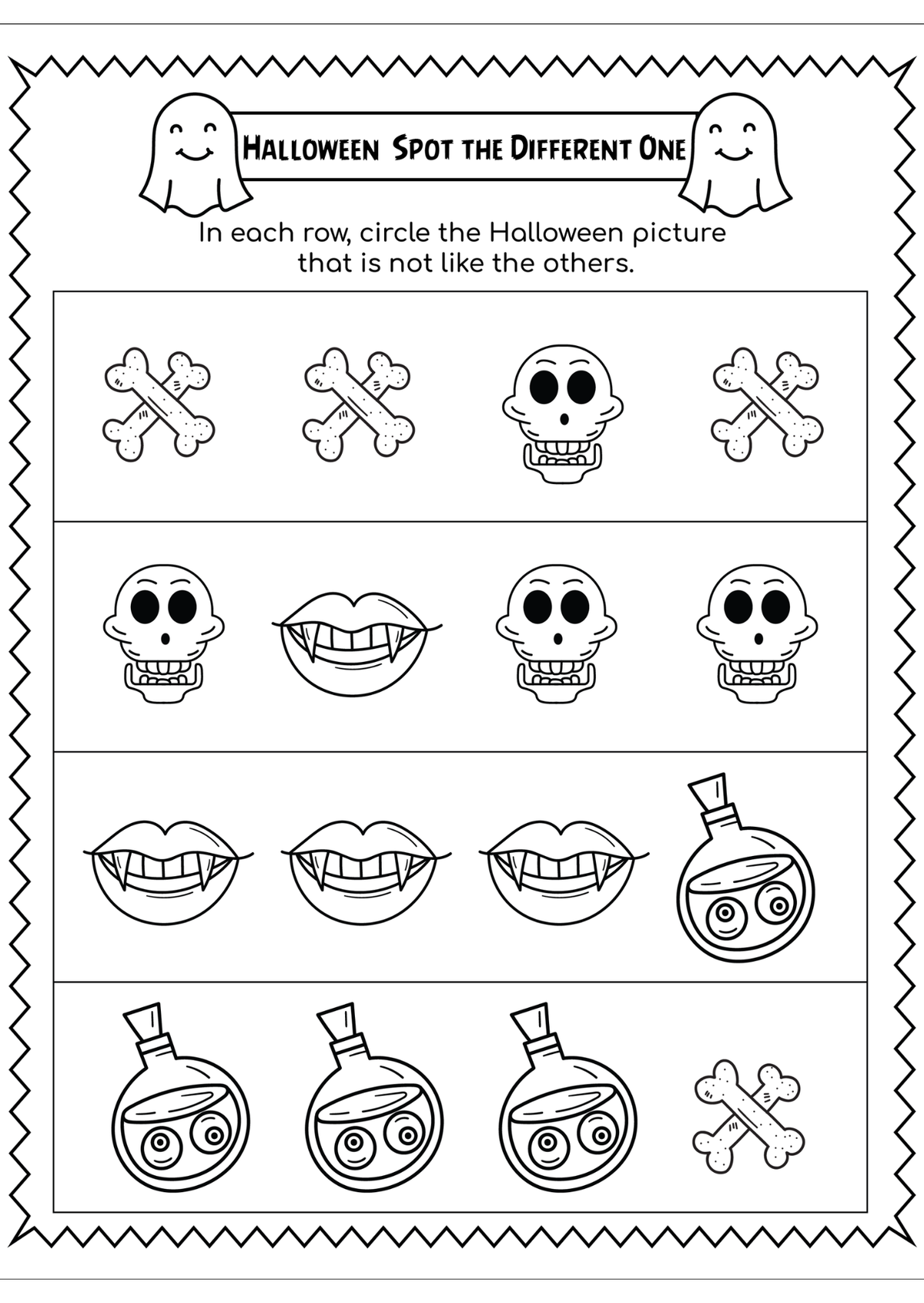 A black and white printable Halloween worksheet titled 'Halloween Spot the Different One' with cartoon ghosts, skulls, vampire mouths, potion bottles, and crossed bones arranged in rows for children to identify the odd one out.