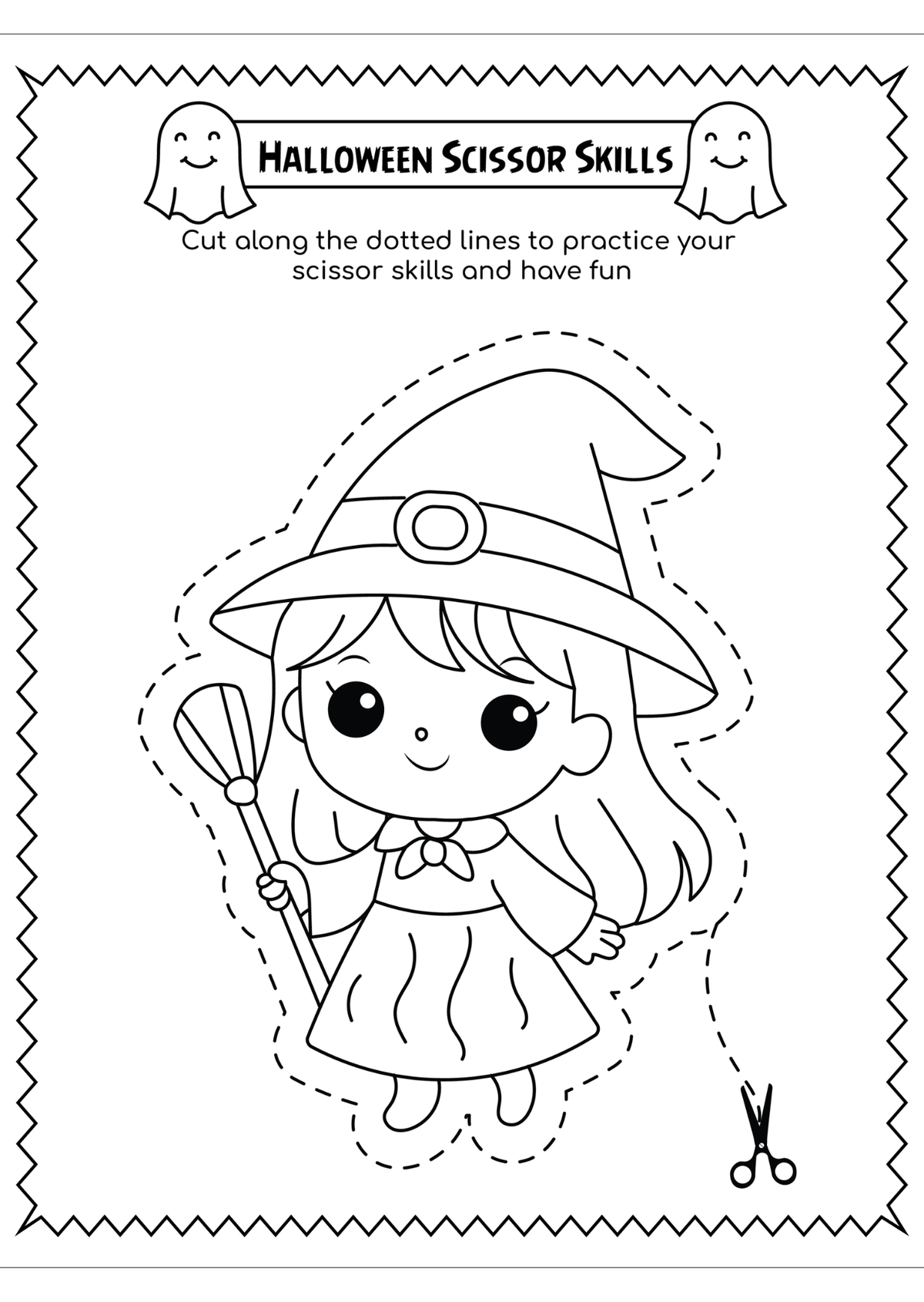 Black and white Halloween-themed scissors cutting sheet featuring a cute cartoon witch character, ghost illustrations, the text 'HALLOWEEN SCISSOR SKILLS,' and a small scissors icon.
