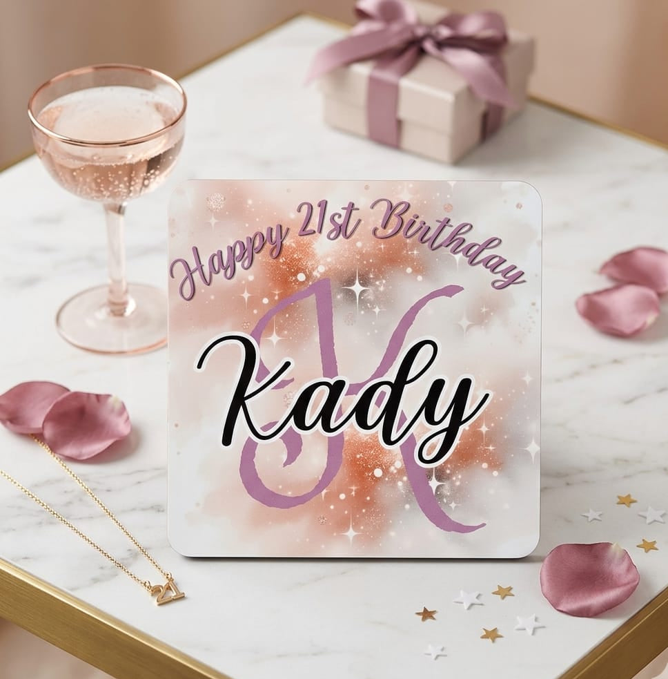 Personalized Birthday Coaster – Custom Name & Rose Gold Sparkle Design