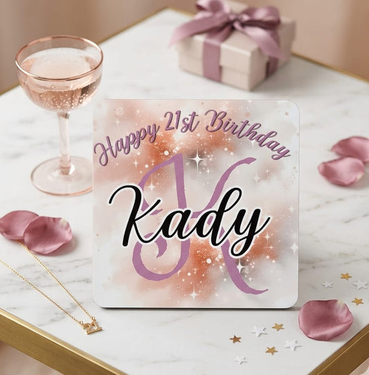 Personalized Birthday Coaster – Custom Name & Rose Gold Sparkle Design