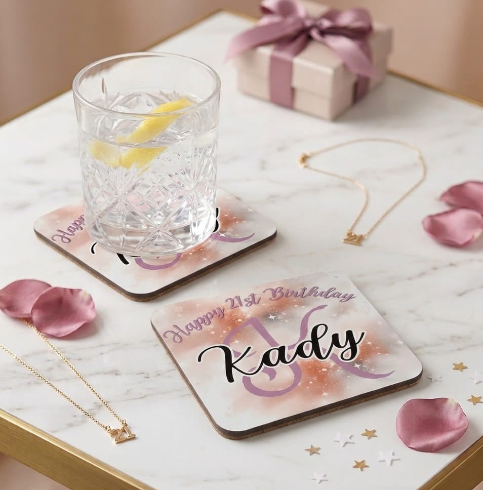 Personalized Birthday Coaster – Custom Name & Rose Gold Sparkle Design