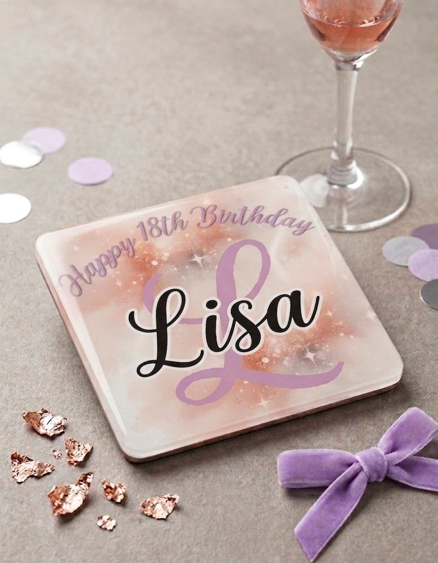 Personalized Birthday Coaster – Custom Name & Rose Gold Sparkle Design