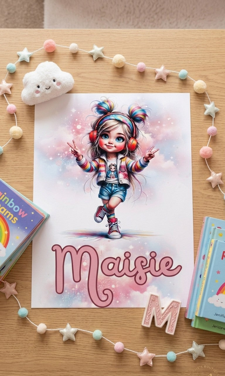 Personalised rainbow dreamer girl wall art with child's name, whimsical headphones design, available in A4 and A3