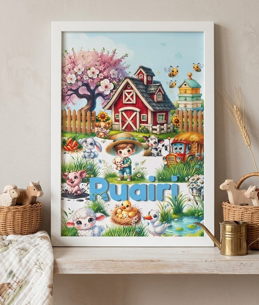 Personalised farm nursery art print with child's name in white frame on shelf