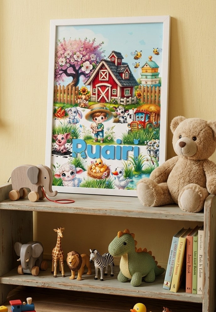 Custom name barnyard animals watercolour print in white frame on children's bookshelf