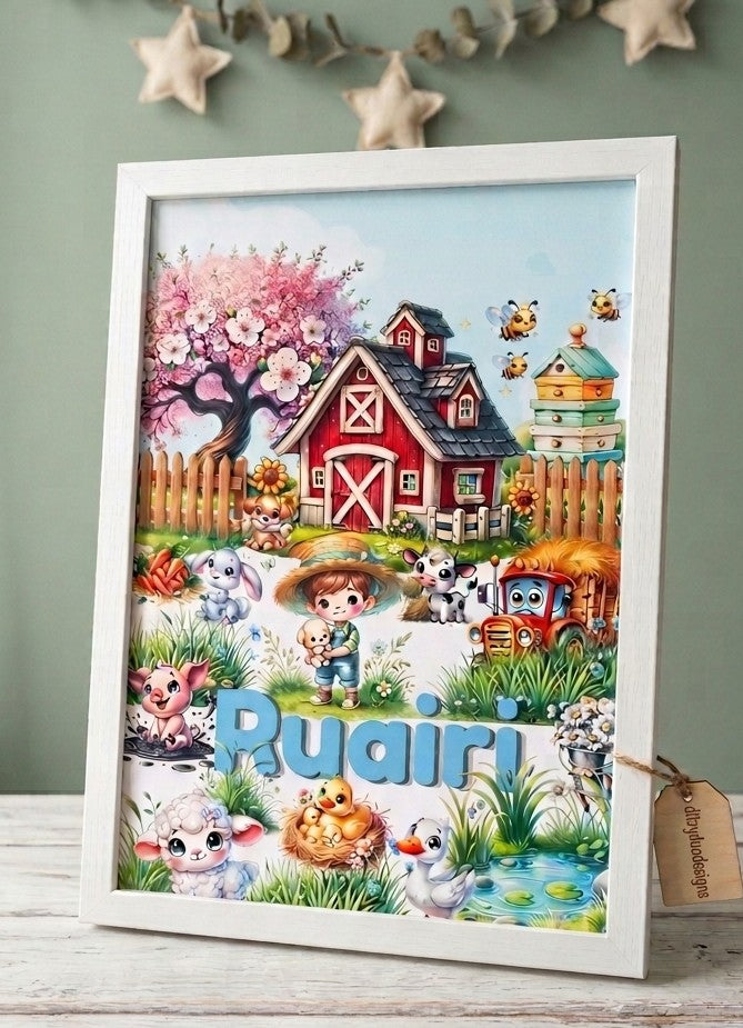 Personalised farm animals nursery print leaning against wall - Ditzy Duo Designs