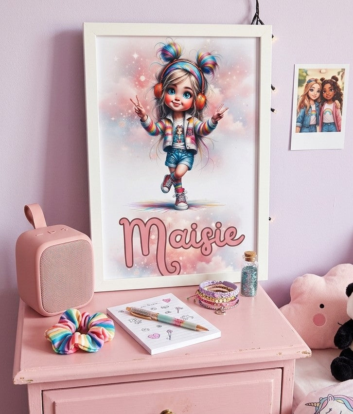Personalised rainbow dreamer girl wall art with child's name, whimsical headphones design, available in A4 and A3