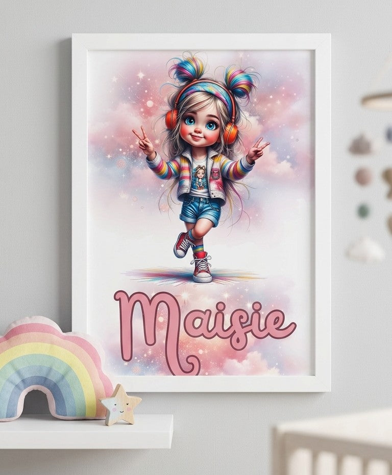 Personalised rainbow dreamer girl wall art with child's name, whimsical headphones design, available in A4 and A3
