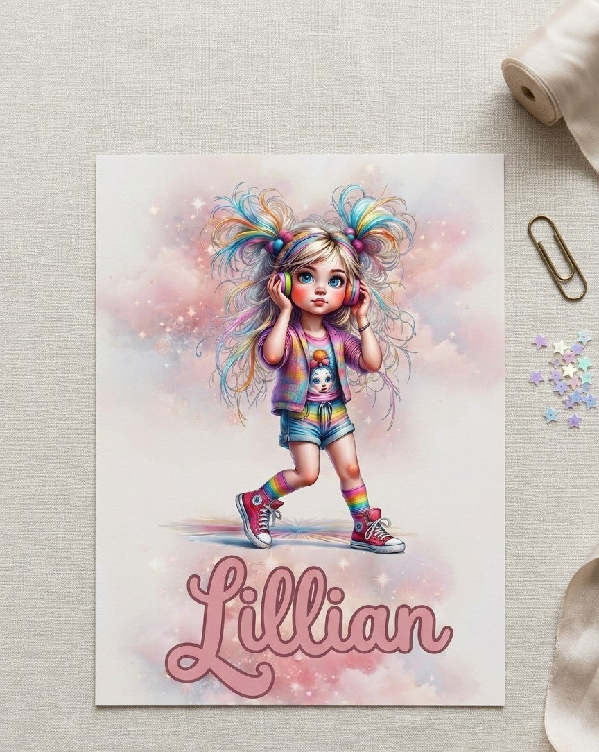 Personalised rainbow dreamer girl wall art with child's name, whimsical headphones design, available in A4 and A3