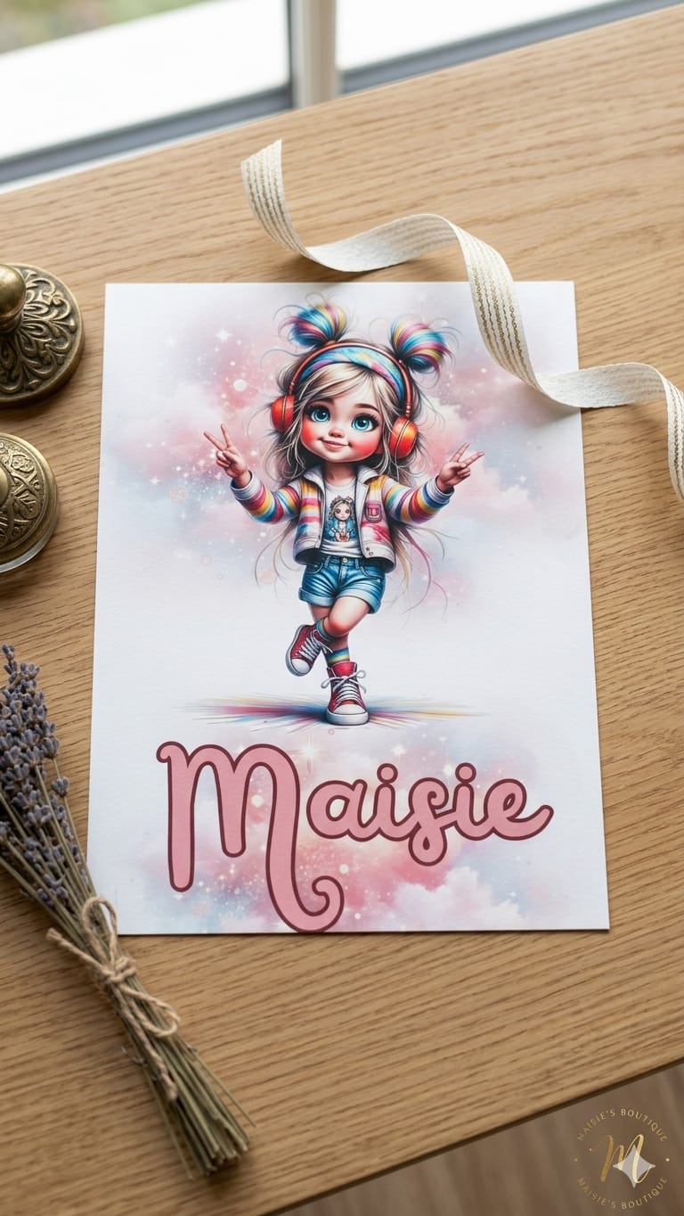 Personalised rainbow dreamer girl wall art with child's name, whimsical headphones design, available in A4 and A3