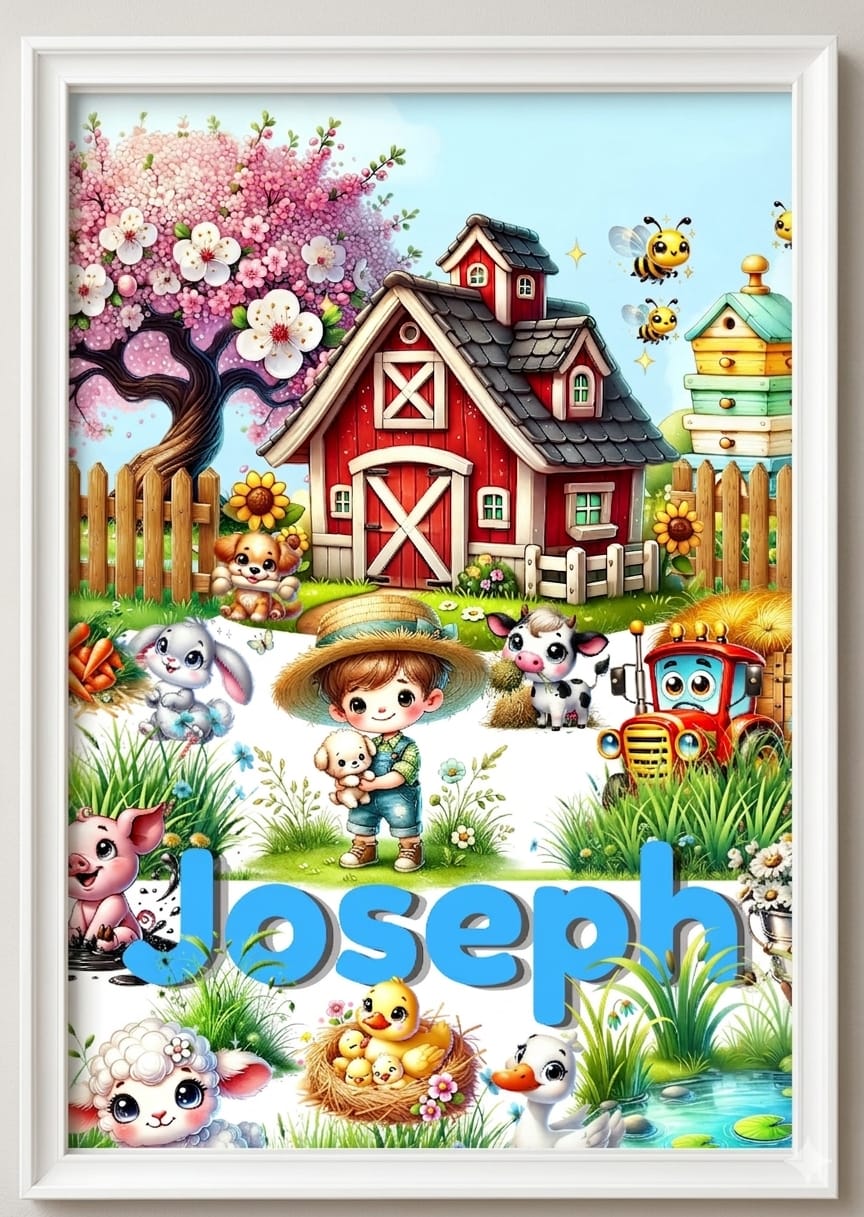 Custom name watercolour farm nursery art print in white frame - personalised children's wall art