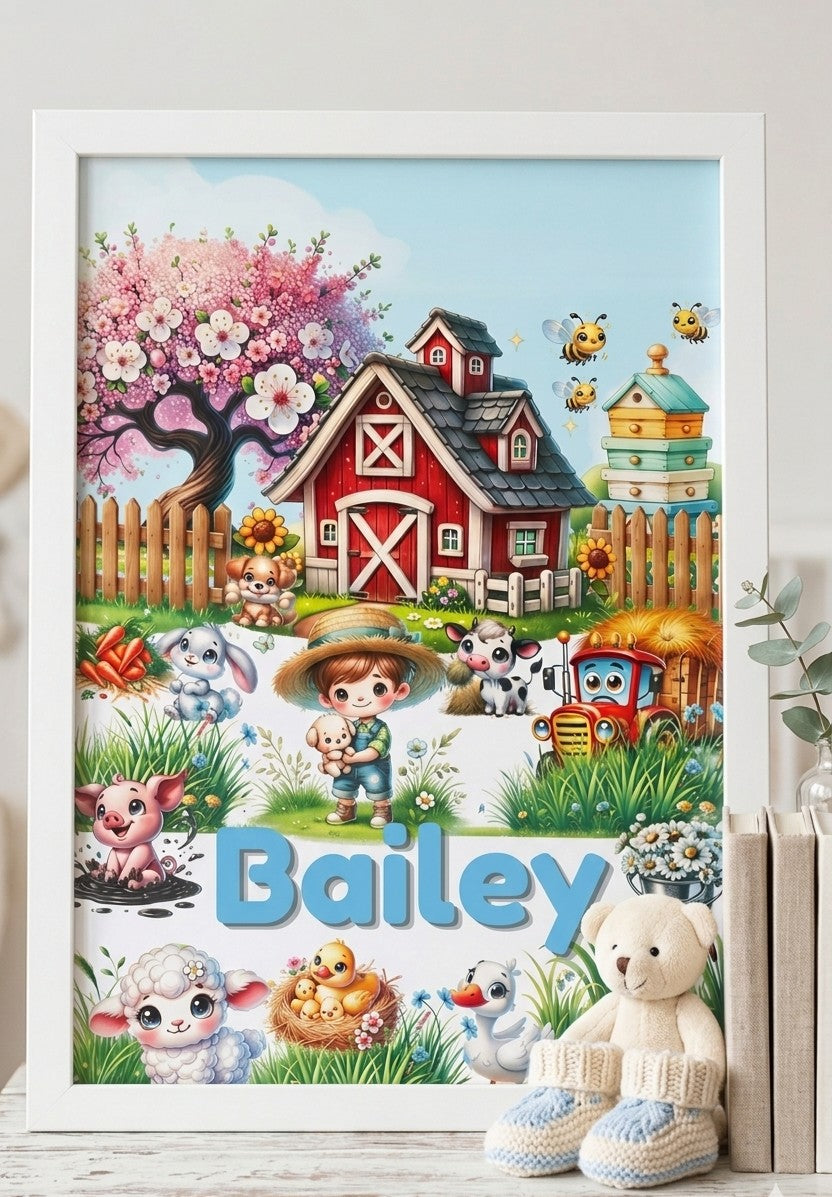 Personalised barnyard animals nursery print in white frame - custom name children's wall art