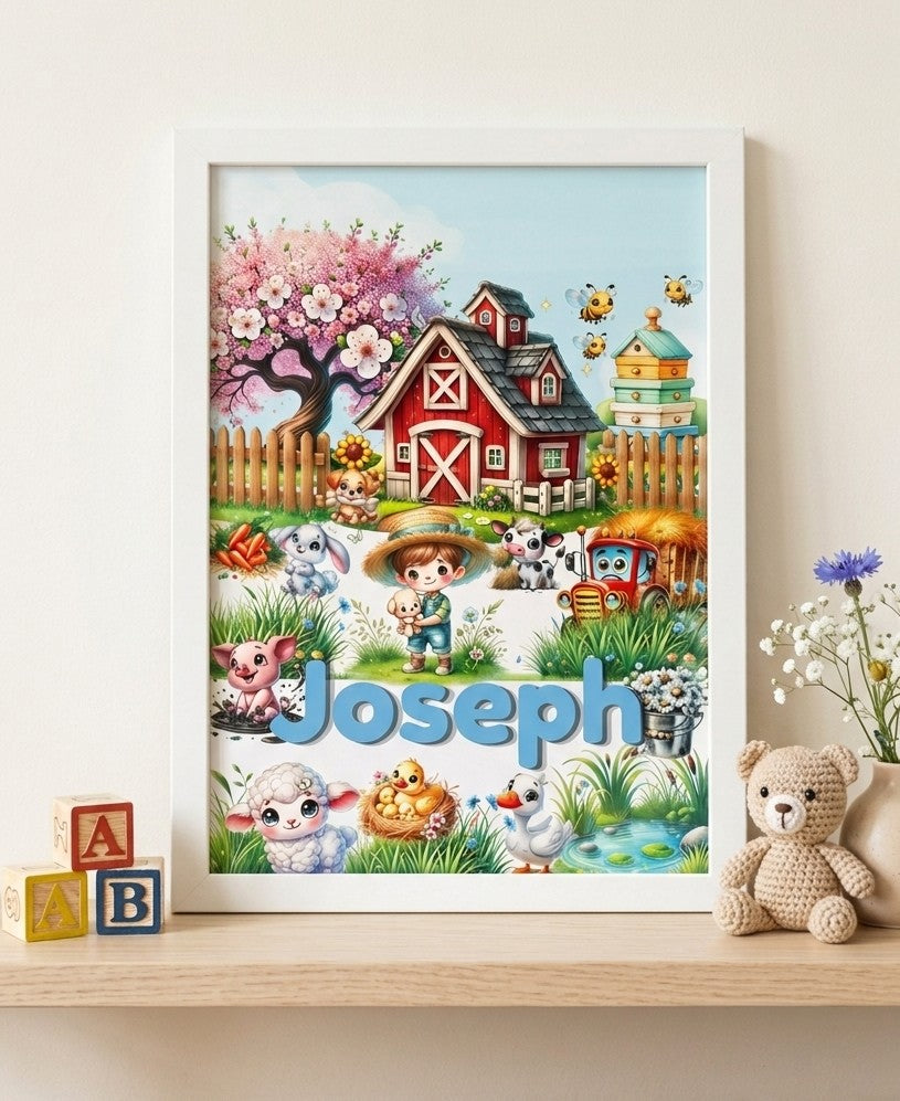 Custom name watercolour farm animals A4 nursery print on shelf - personalised baby gift
