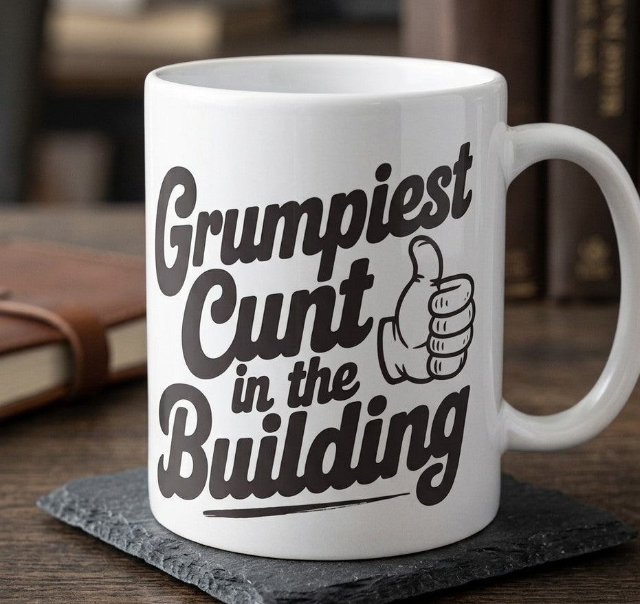 Funny rude office mug on desk - sarcastic gift for coworkers and colleagues