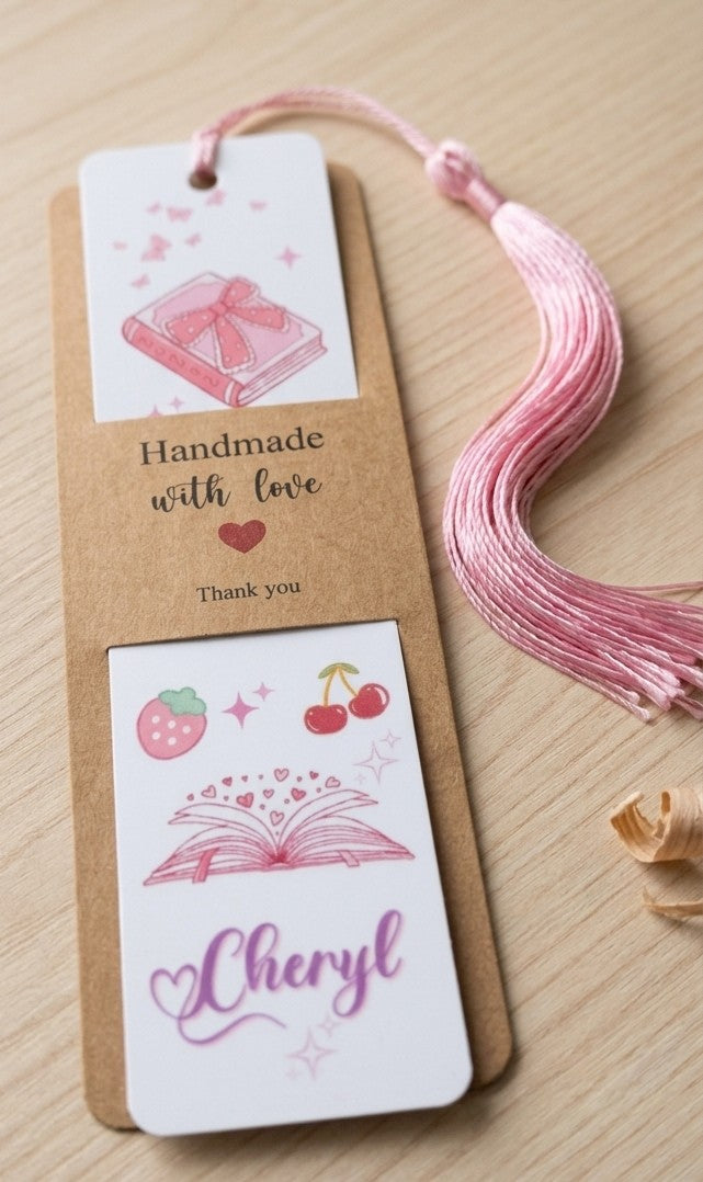Personalized pink coquette bookmark in kraft paper sleeve with pink tassel
