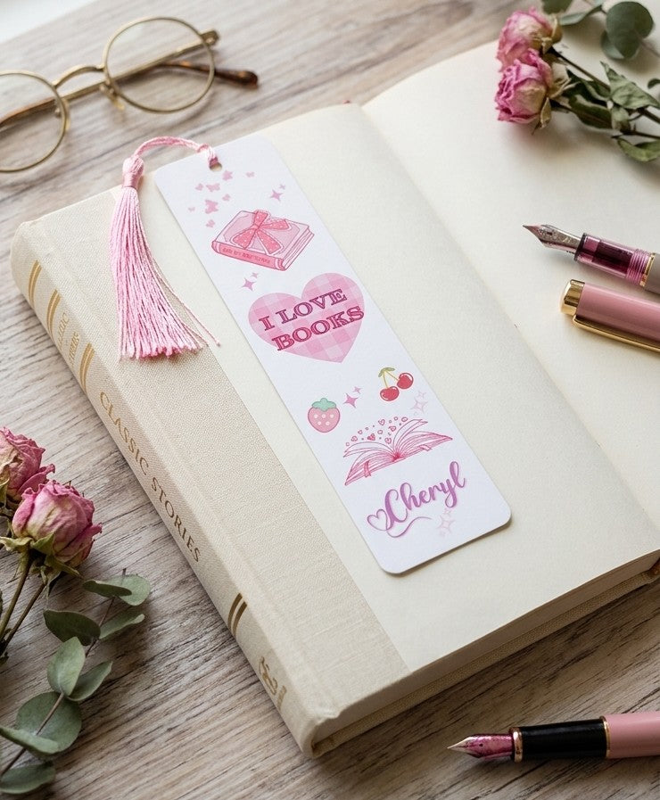 Custom name pink coquette bookmark with tassel on book - reader gift