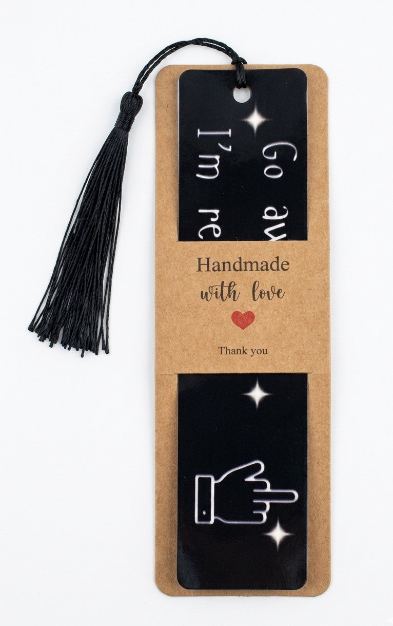 Go Away I'm Reading bookmark in Handmade with Love kraft card packaging — funny book lover gift